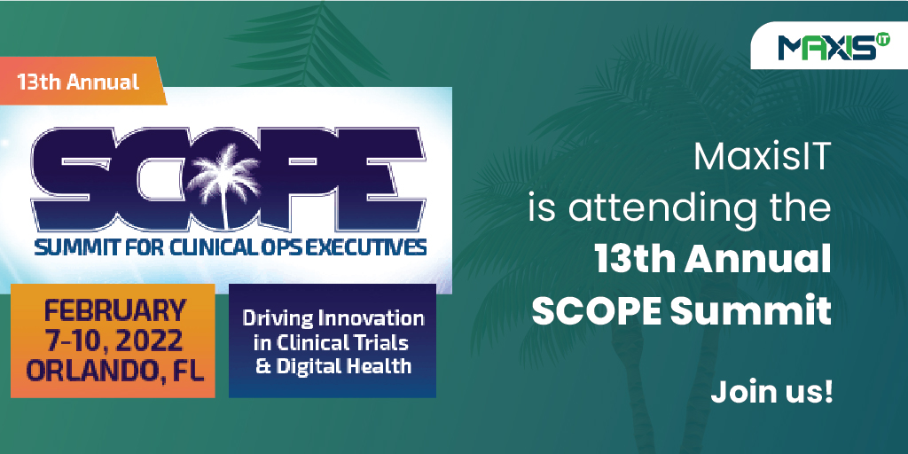 MaxisAIInc's tweet photo. MaxisIT is attending the 13th Annual SCOPE Summit - The premier annual gathering for leaders in Clinical Trials Management & Operations.
Find us at exhibit booth #320
#SCOPE2022 #clinicaltrials #maxisit #scopesummit #clincal #clinicaloperations #pharma https://t.co/F2FSWuDKvJ