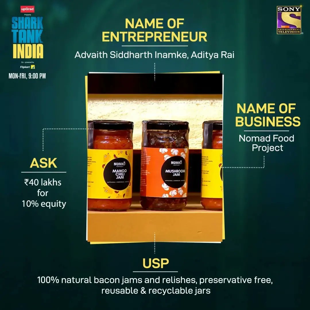 sharktankindia's tweet photo. #NomadFoodProject, #TweeInOne, #GreenProtein and #On2Cook pitches are ready to be presented, which Shark will invest in these businesses? Tune in to #SharkTankIndia, Finale Week, tonight at 9 PM, only on Sony TV! https://t.co/E61SJGCC45