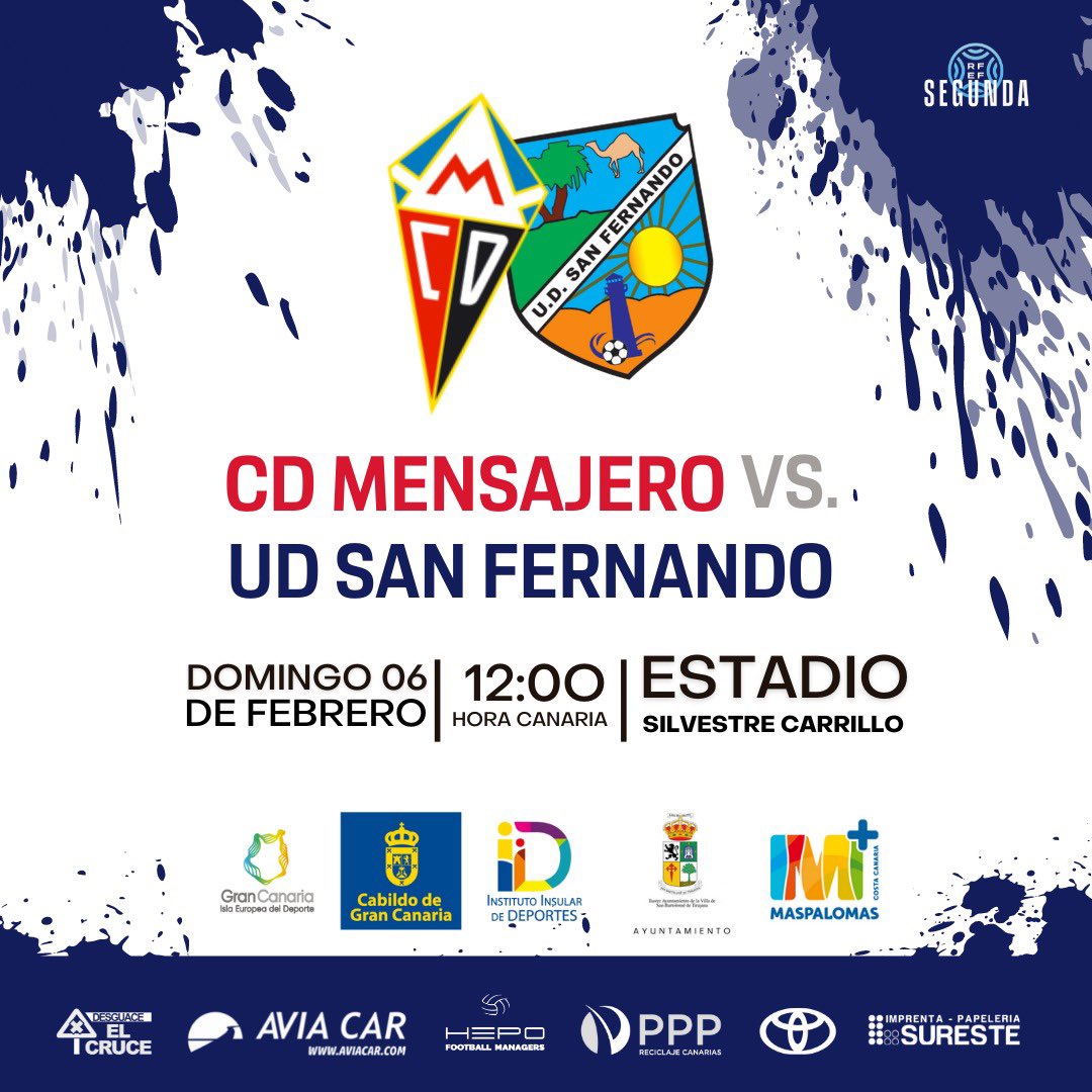 🙌 ¡Este domingo jugamos en La Palma!🇮🇨

 #J20⚔️🔥
🆚 <a href="/CDMensajero/">C.D. Mensajero</a> 
⏰ 12:00HC 🇮🇨
🏟️ Silvestre Carrillo 

#mensajerosanfer #sueñaengrande💯