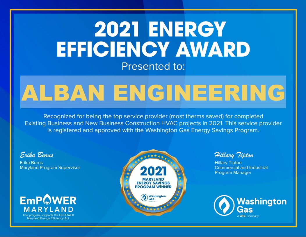 AlbanEngineers's tweet photo. We are excited to announce that we have been awarded 2021 Energy Efficiency Award from Washington Gas for the second year in a row!
#Award #WashingtonGas #AlbanEngineering https://t.co/HOIwTrBl6R