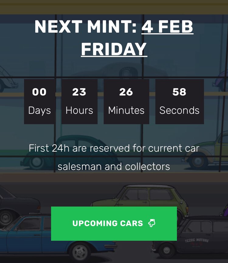TezosMotors's tweet photo. 📣 Tomorrow is a mint day for current collectors and car salesmen.
They will have 24h to place their offers as little or as big as they want.

After that it will be released to the public.

Countdown timer is at the top of the https://t.co/3IeXn0zZvh 

#cleannft #nftdrop #nfts https://t.co/gRmZTMKmZl