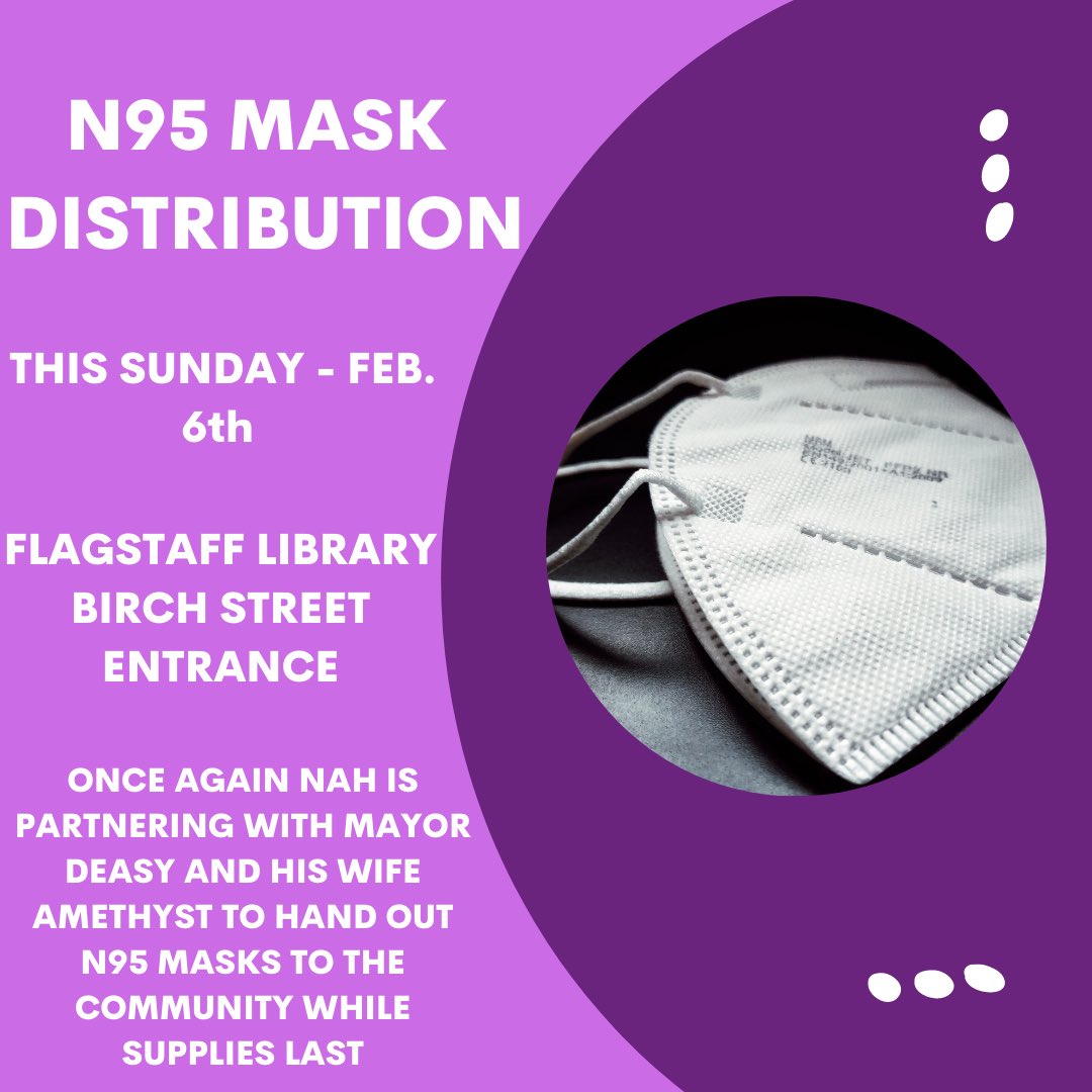 TheDeasyProject's tweet photo. Come see Amethyst and I for another free N95 Distribution event this Sunday! 8am-noon at the Flagstaff Library parking lot. #MaskUpAZ #DeasyDelivers https://t.co/AVZRcMFLph