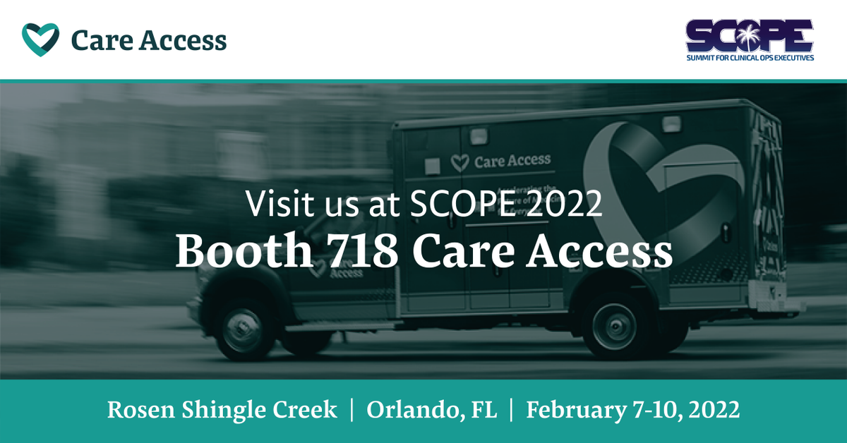 Care_Access_'s tweet image. Going to #SCOPE2022? Stop by #CareAccess booth 718 to learn about how our #DecentralizedTrials are reaching diverse communities and enrolling studies dramatically faster. To schedule a meeting call 508-506-9092.