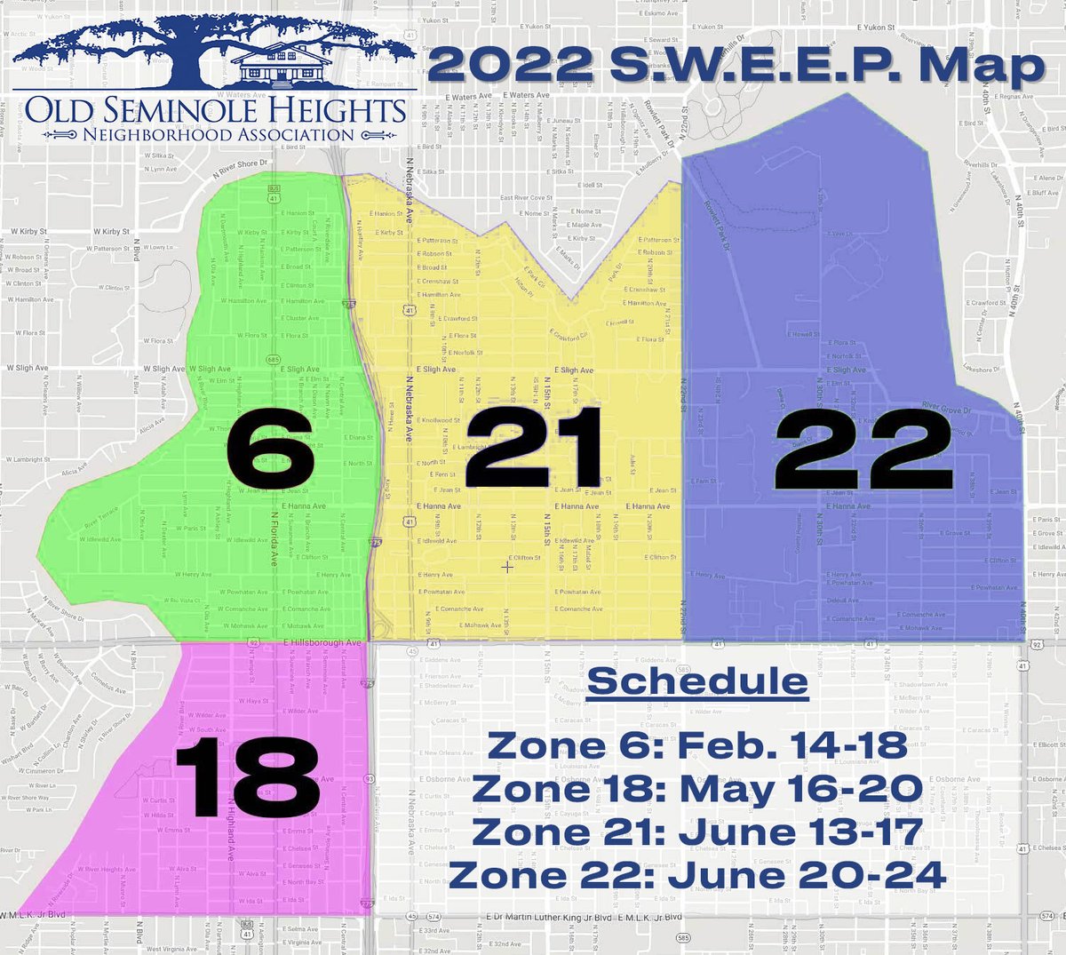 OSH_Assoc's tweet photo. This is OSH's S.W.E.E.P. schedule for 2022. Items must left at the curb no later than 8 p.m. the Sunday before your S.W.E.E.P. week begins. If you aren't sure which zone you are in or want more information on what you can include in your pile, visit :https://t.co/LiWe7IbBE0 https://t.co/bjdtVkx6rc
