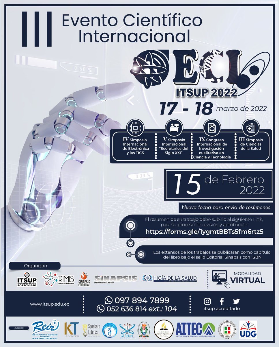 IAcreditado's tweet photo. !Importante¡ 
El evento se realizara totalmente en modalidad Virtual para precautelar la salud de sus asistentes.
La entrega de los Resúmenes para participar en el Evento se extiende hasta el 15 de Febrero, el mismo que se realizara los días 17 y 18 del mes de marzo de 2022. https://t.co/tWmJmf6v5O