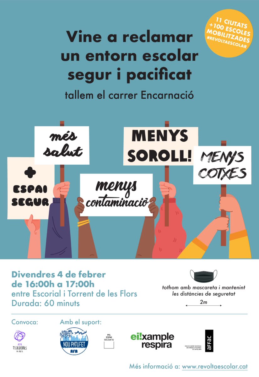 AFA Escola Teixidores de Gràcia (@afateixidoresg) on Twitter photo Aquest divendres 15a <a href="/RevoltaEscolar/">Revolta Escolar Cat</a> i nosaltres hi participem! Demà us esperem a totes a les 16h davant <a href="/escola_gracia/">Escola Teixidores de Gràcia</a> per reivindicar un entorn escolar pacificat! Hi haurà manifest, pintures i música! Tothom amb mascareta i mantenint distancia, gràcies! Aquest divendres 15a <a href="/RevoltaEscolar/">Revolta Escolar Cat</a> i nosaltres hi participem! Demà us esperem a totes a les 16h davant <a href="/escola_gracia/">Escola Teixidores de Gràcia</a> per reivindicar un entorn escolar pacificat! Hi haurà manifest, pintures i música! Tothom amb mascareta i mantenint distancia, gràcies!