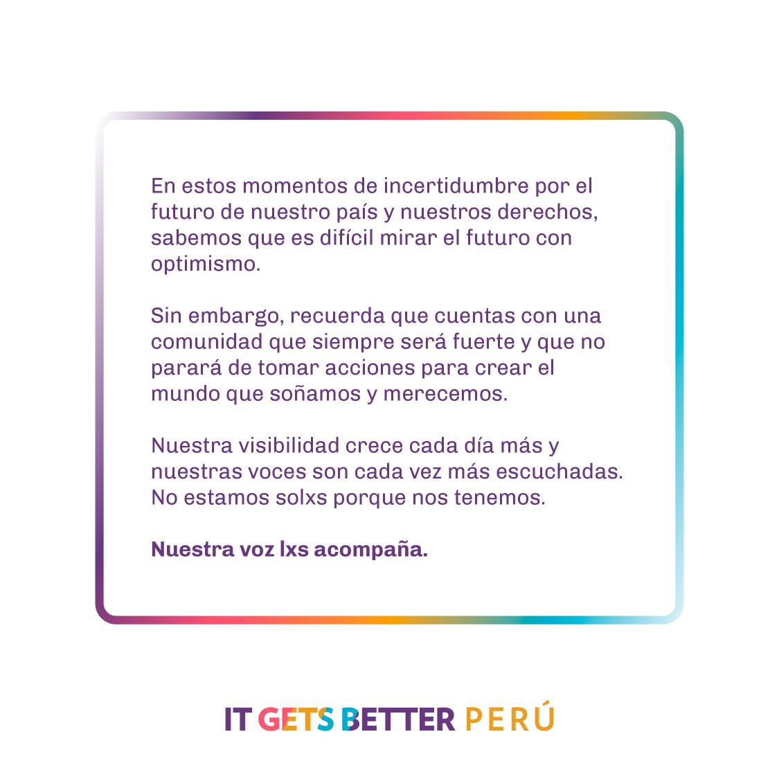 itgetsbetterpe's tweet image. Nuestra comunidad no parará de tomar acciones para crear el mundo que merecemos.
Nuestra visibilidad crece cada día más y nuestras voces son cada vez más escuchadas.
No estamos solxs 🤍🌈
#Valer #LGBTQ #ItGetsBetterPeru