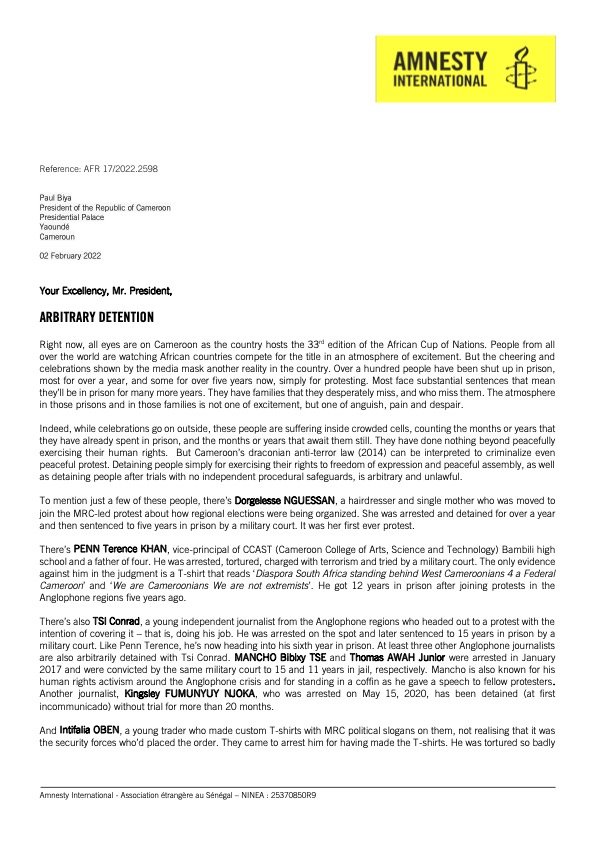 CoalitionFDN's tweet photo. Open letter from Amnesty International to the Government of #Cameroon on Arbitrary Detention and the need for fundamental reforms after AFCON. https://t.co/vJsS8YVSmF