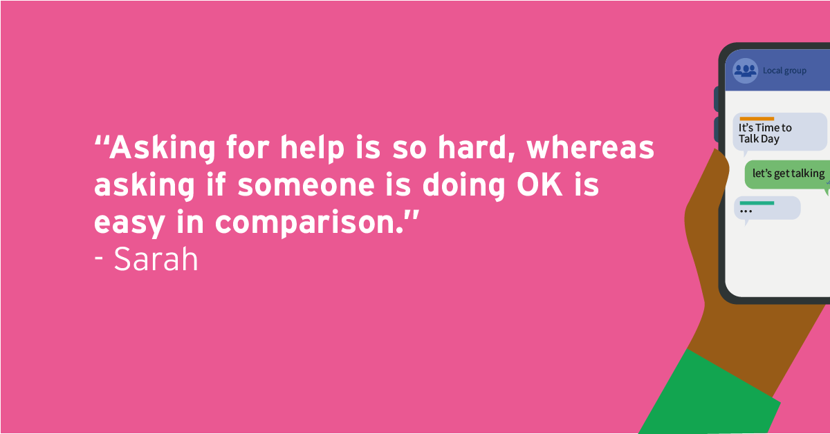 MindCharity's tweet photo. It's so much easier to check in on someone else, than it is to reach out for help when you're struggling. Start a conversation about mental health today. #TimeToTalk https://t.co/a7CbYviq8O