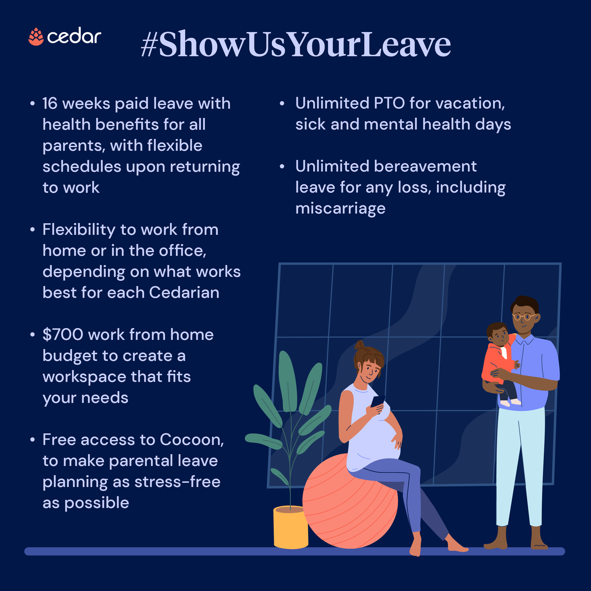 At Cedar, we want to support all parents as they expand their families - and we're proud to share our paid leave benefits as part of the #ShowUsYourLeave movement. Thank you to <a href="/theskimm/">Ken Keo</a> for fostering transparency &amp; action around such an important topic.