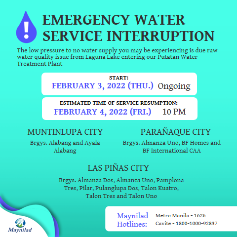 maynilad's tweet photo. Portions of Muntinlupa City, Las Pinas City and Paranaque City will have low pressure to no water supply due to raw water quality. We apologize for the inconvenience. Thank you. @mwssro @pinas_city @OFFICIALMUNTI @ILoveParanaque https://t.co/sTztUoHUNz