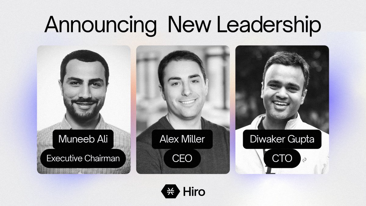 hirosystems's tweet image. 1/5: We have a very exciting announcement!😃

As of today, @muneeb will be transitioning to Hiro’s first Executive Chairman. @alexlmiller is taking his place as Hiro’s CEO, and @diwakergupta has moved to the first CTO role in the company.

#cryptonews #bitcoin #stacks