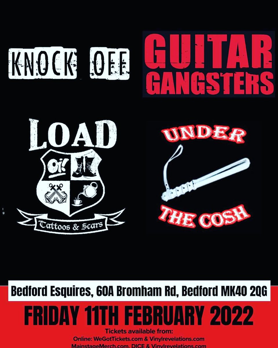 Friday 11th February 2022 we’ve got 4 fantastic bands playing at Bedford Esquires.  Tickets are as cheap as chips - just £10 but they are selling fast at this price so get on it before it sells out! Tickets available from wegottickets.com/event/516762# and vinylrevelations.com/knock-off-guit…