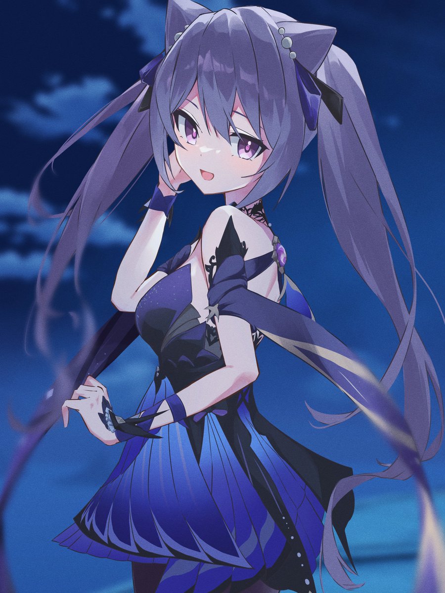 keqing (genshin impact) 1girl solo purple hair twintails dress hair bun purple eyes  illustration images