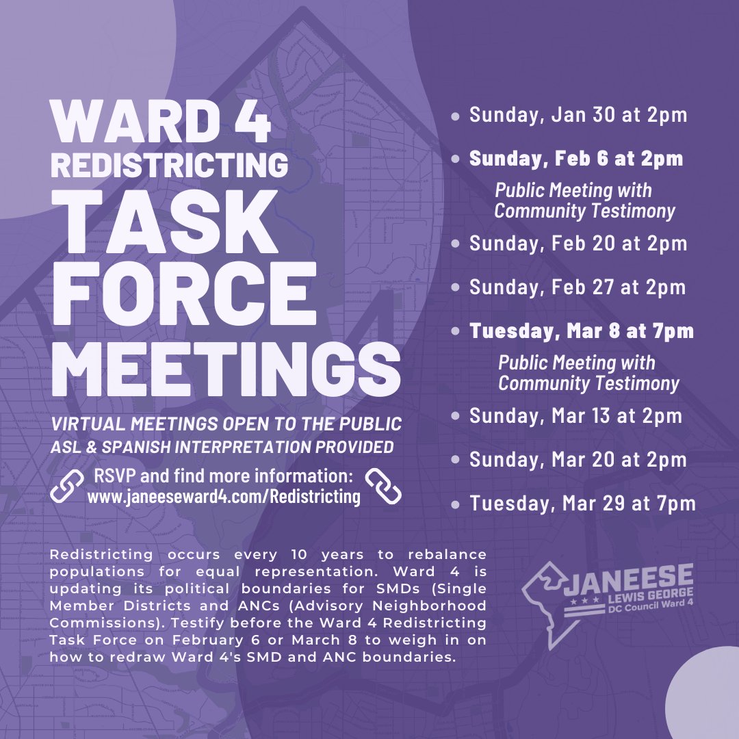 CMLewisGeorgeW4's tweet photo. 🗺️ #Ward4 Redistricting 🗺️

The @W4Redistricting Task Force is working to update our ANC and SMD boundaries, and they want to hear from you!

Community meetings where you can testify:
🗓️ Sunday, Feb. 6 at 2pm
🗓️ Tuesday, Mar. 8 at 7pm

RSVP and learn more:
https://t.co/lH9vToatyj https://t.co/4dPCSHAbMh
