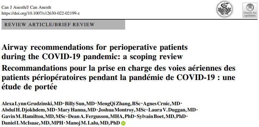 New publication from @OttAnesthesia
Airway recommendations for perioperative patients during the COVID-19 pandemic: a scoping review in @CJA_Journal (link: rdcu.be/cGf3a ). 

A 🧵on the good, the bad, and the ugly + solutions #intubation #perioperative #Covid_19 1/13