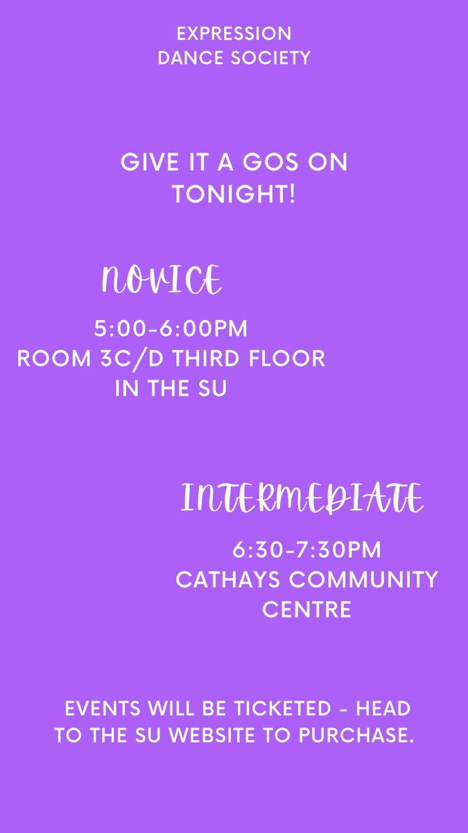 Tickets are still available for some of our give it a gos on tonight! See below for details 💜 #cardiffstudents #cardiffdance <a href="/cardiffstudents/">Cardiff Students' Union</a>