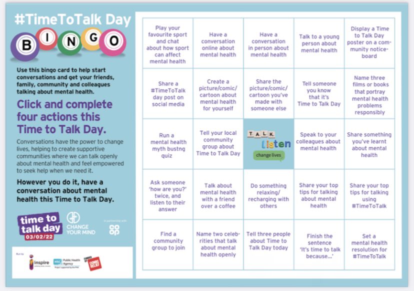 Help start conversations about Mental Health for #TimeToTalk Day 2022.

Here are some ideas on how to take part! #TalkListenChangeLives 

However you do it, have a conversation about mental health this #TimeToTalkDay