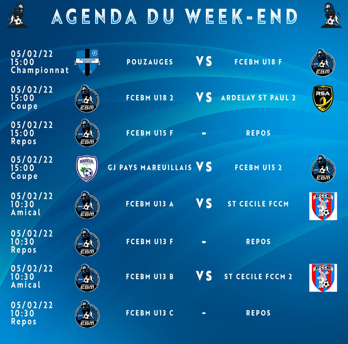 FCEBM_'s tweet photo. 🔵⚫️Voici l'Agenda Du Week-end pour nos équipes du FC Essarts Boulogne Merlatière !

📣📣On vous attend nombreux pour encourager nos équipes !

@LigueFootLFPL 

#FCEBM https://t.co/3qfm19WC5v