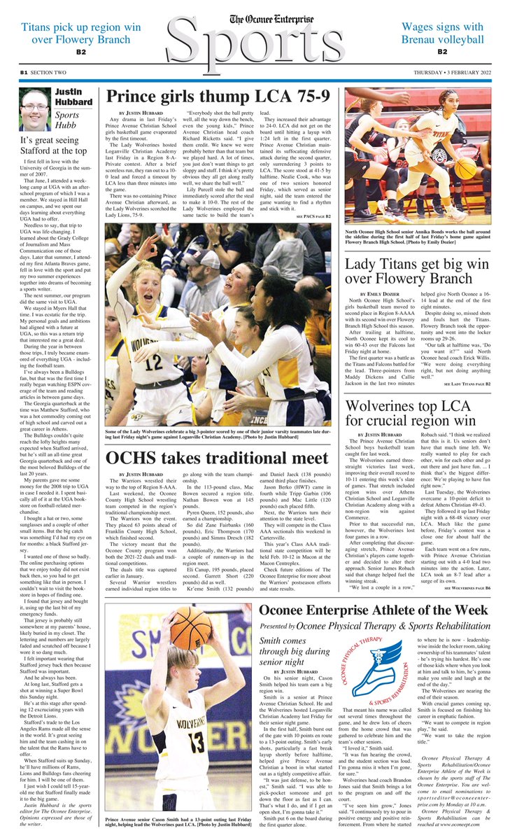 Our sports section this week is packed with great content. Here's a look at the front page of the section. Grab a copy of The Oconee Enterprise to read about this a lot more!