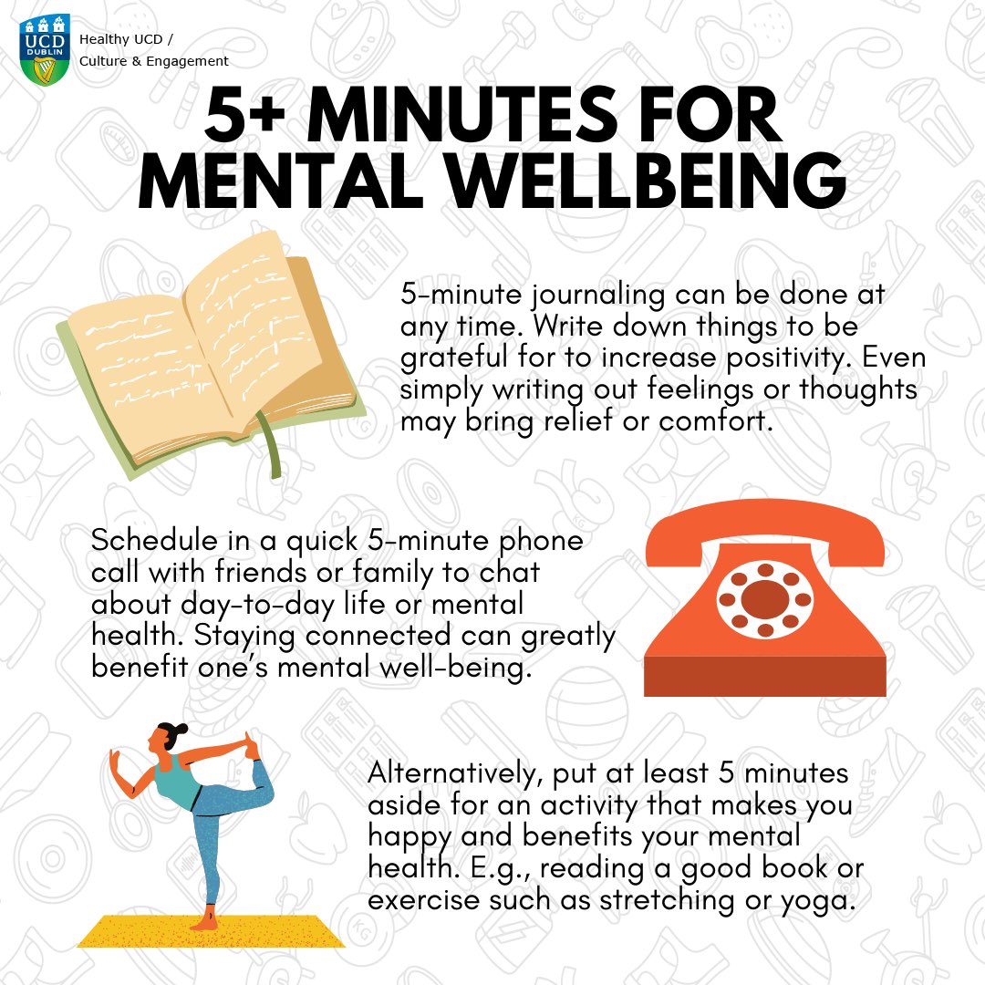 HealthyUCD's tweet photo. Taking even just 5 minutes in your day to work on yourself makes a massive difference. You can jot down a few sentences in your journal about how your day is going, have a quick call with your friends or practice something that you love doing.
#fiveplus #wellbeing https://t.co/mYDabmaguy