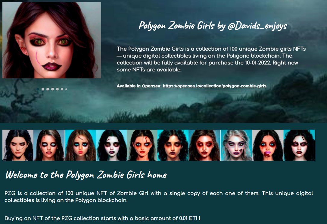 Davids_enjoys's tweet photo. Welcome to the Polygon Zombie Girls site, where you can know and learn how the collection was conceived and created.¡¡¡
✨✨✨✨✨✨🧟‍♀️🧟‍♀️🧟‍♀️🧟‍♀️🧟‍♀️
https://t.co/kgF2t90YFo
#CleanNFTs #NFTCommunity #nftcollectors #NFTs #NFTGiveaway
#NFT #nftart #NFTdrop #NFTartist https://t.co/WQxLS8227f