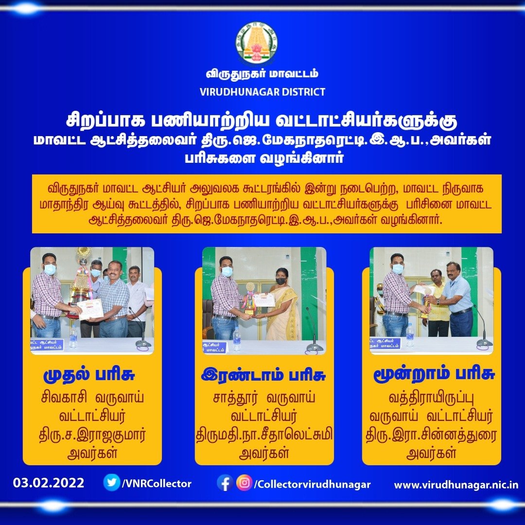 VNRCollector's tweet image. வருவாய்த்துறை அலுவலர்களுடனான பணி ஆய்வுக் கூட்டத்தில் சிறப்பாக பணியாற்றிய வட்டாட்சியர்களுக்கு மாவட்ட ஆட்சித்தலைவர் திரு.ஜெ.மேகநாதரெட்டி. இ.ஆ.ப.,அவர்கள் பரிசுகளை வழங்கினார்.