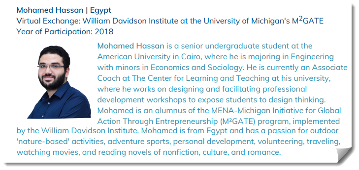 AmyonEducation's tweet photo. Delighted that Mohamed Hassan, an M2GATE #virtualexchange alum &amp; student @AUC, has been selected to join the @StevensInit Alumni Fellowship! We @WDavidson_Inst enjoyed getting to know Mohamed when he spent a week w/us in Ann Arbor as a member of EcoMENA, the winning M2GATE team. https://t.co/pbjm3uJve7