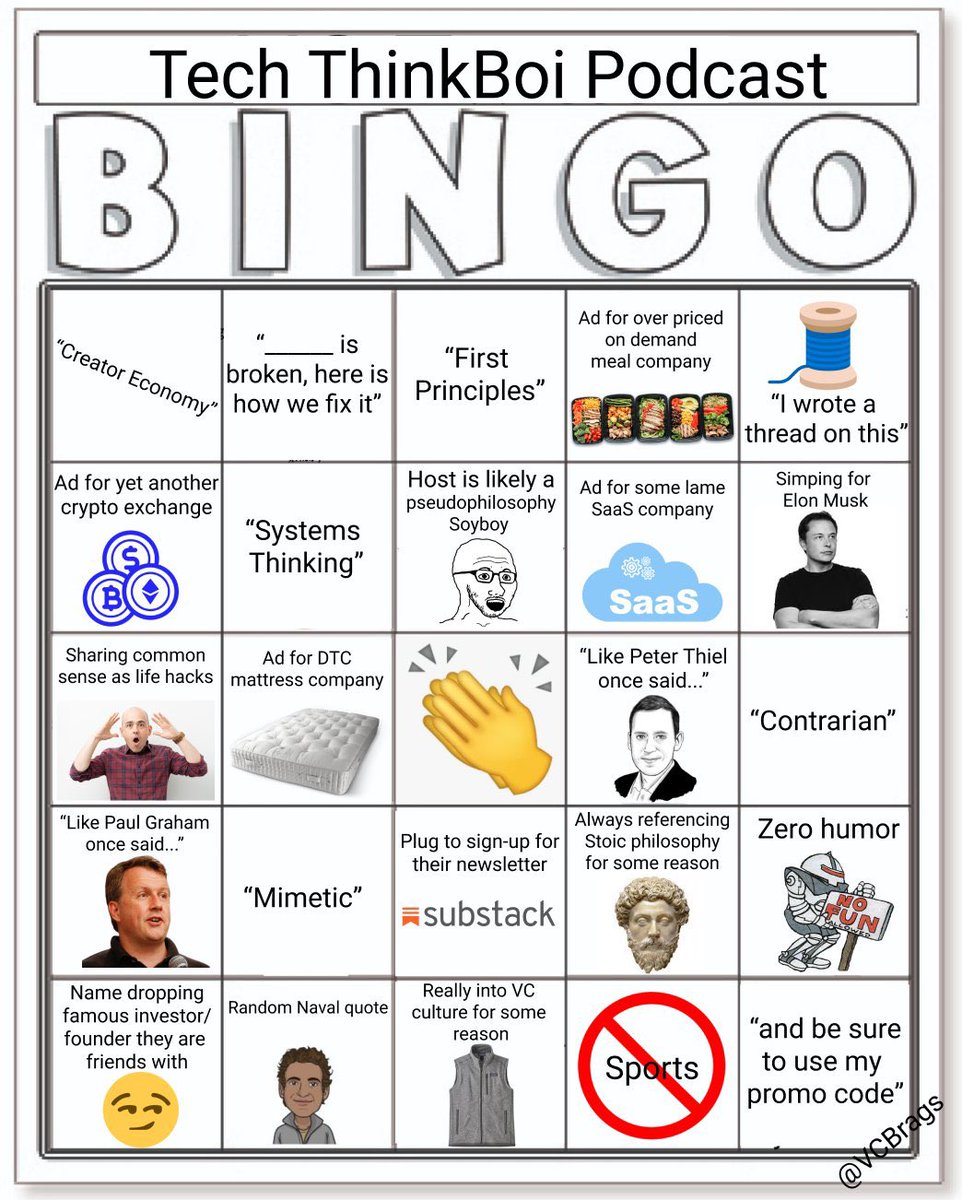 VCBrags's tweet photo. Tech ThinkBoi Podcast Bingo 🤓 🧠 https://t.co/YBeS7zOzrq