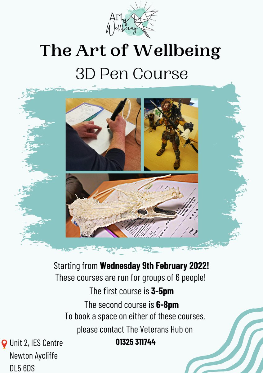 Art of Wellbeing will be running a 3D pen on Wednesday 9th February. There will be 2 courses, the first from 3pm-5pm and then from 6pm-8pm. This course has 6 spaces so if you are interested in taking part drop us a message or call us on 01325311744.