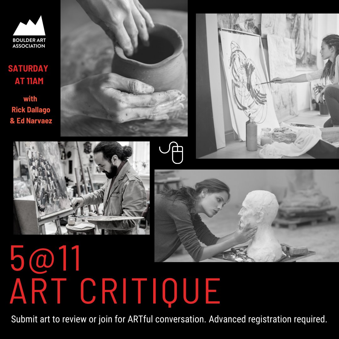 BoulderArtAssoc's tweet photo. SATURDAY 2/5!
Weekly SATURDAYS 11AM-12:15PM

Got ART? We review works of 5 local artists via ZOOM. All are welcome! Free!

https://t.co/Igm4zdyJ4i

#ArtCrit #BaaSatArtCrit #ArtCritique #Artist #BoulderArt #ArtGroup #ArtMeetUp #nonprofit #supportthearts #artist #artoftheday https://t.co/3I96BoxksE