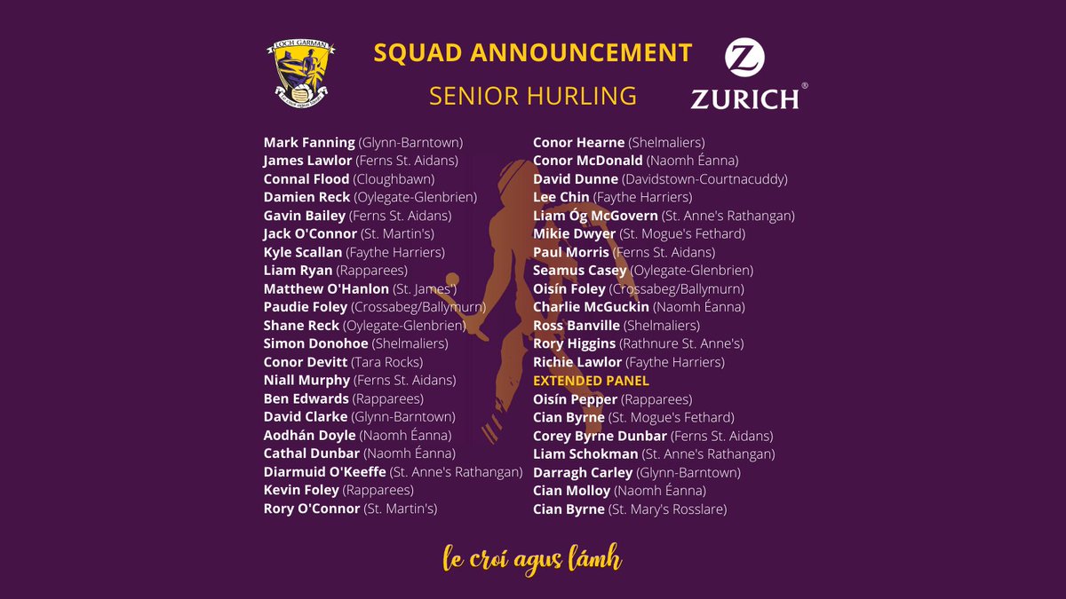 OfficialWexGAA's tweet photo. Lee Chin of @faytheharriers has again been named Wexford senior hurling captain for the year. Vice captain is Kevin Foley of @RappsStarlights. Manager Darragh Egan has also announced his squad for the League campaign. #lochgarmanabu #lecroiaguslamh https://t.co/cRUbfeo9zl