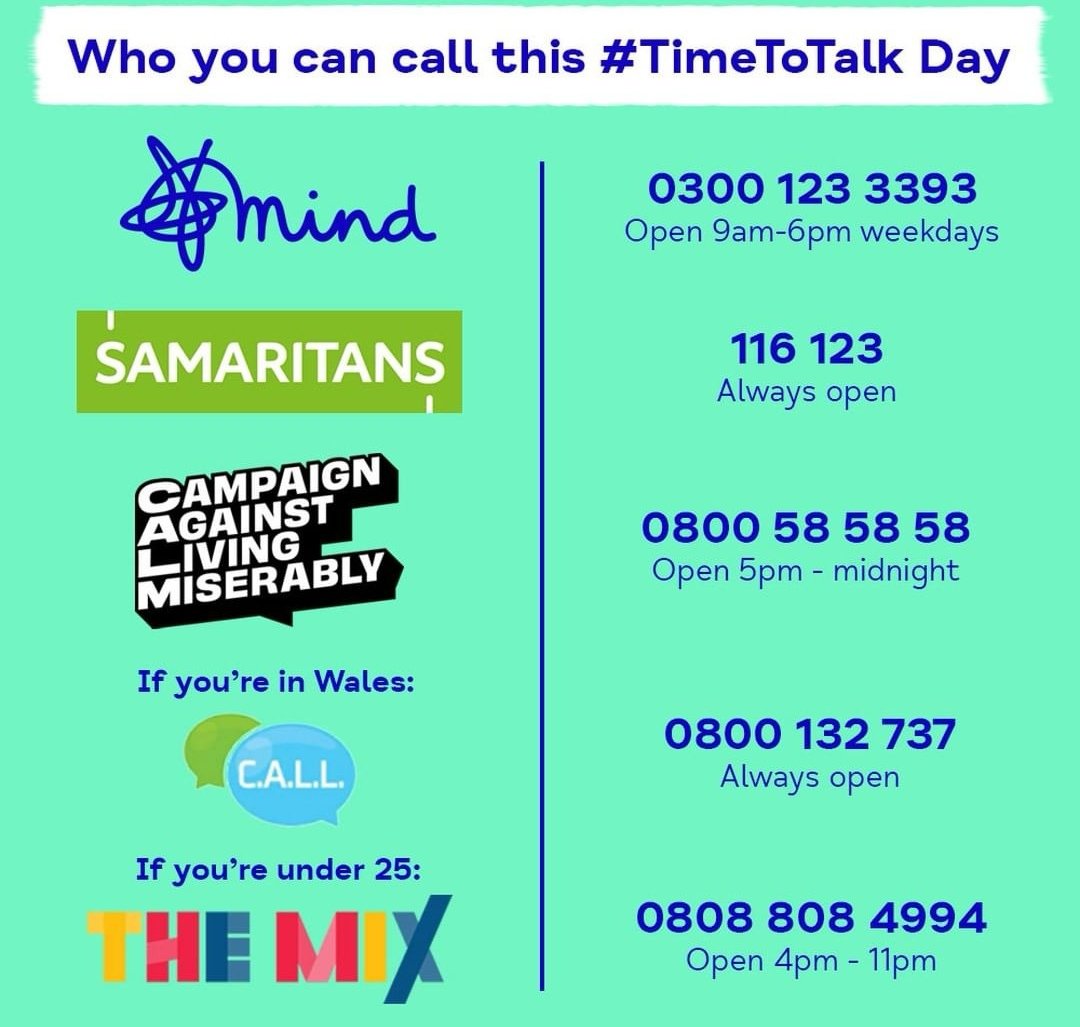 ryan_berridge's tweet photo. Toady is #TimeToTalkDay. If you need a laugh, cry, rant or just a general natter, give me a shout. Call, text, WhatsApp, DM, snap, email or find me...anytime. #MentalHealthAwareness #MentalHealthFirstAider #ItsGoodToTalk #ImAGoodListener #AProblemSharedIsAProblemHalved ❤️ https://t.co/1FhxDweP4J