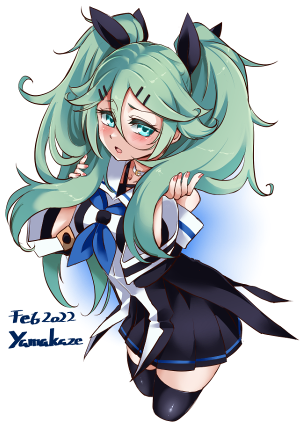 yamakaze (kancolle) 1girl solo long hair thighhighs skirt alternate hairstyle ribbon  illustration images