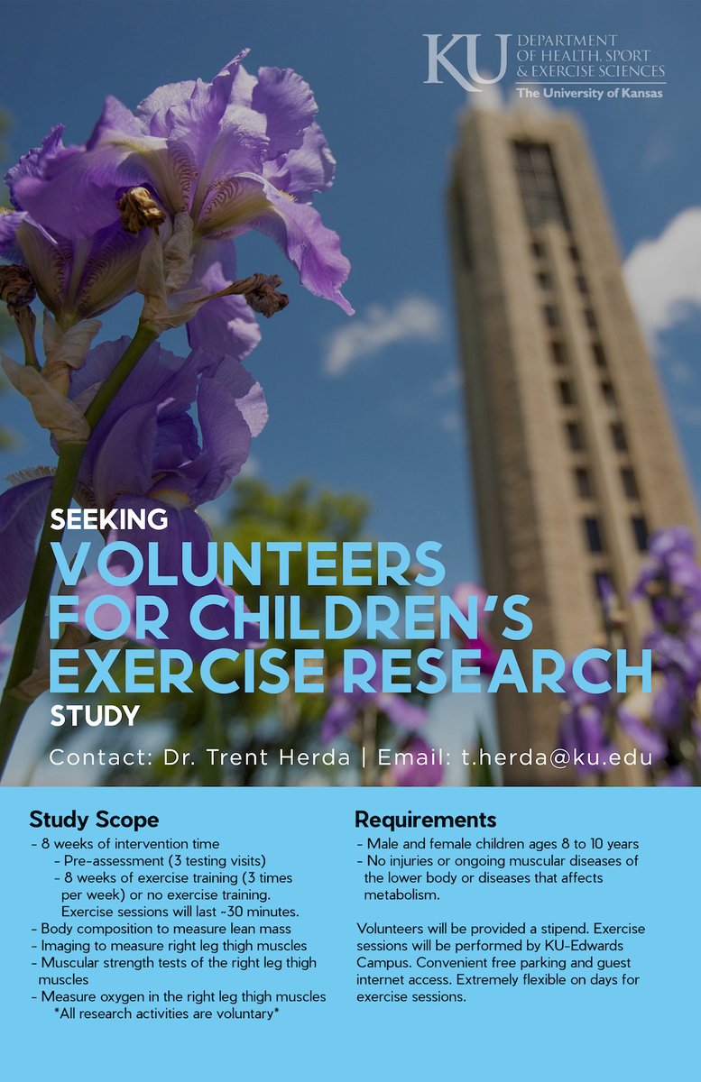 KU School of Education & Human Sciences (@kusoehs) on Twitter photo 📣 Volunteers needed! ✨ Trent Herda, associate professor of Health, Sport & Exercise Sciences, is seeking volunteers for an 8-week children’s exercise research study at <a href="/KUEdwardsCampus/">KU Edwards Campus</a>. Volunteers will receive a stipend.
See details on the flier below: ⤵️ 📣 Volunteers needed! ✨ Trent Herda, associate professor of Health, Sport & Exercise Sciences, is seeking volunteers for an 8-week children’s exercise research study at <a href="/KUEdwardsCampus/">KU Edwards Campus</a>. Volunteers will receive a stipend.
See details on the flier below: ⤵️