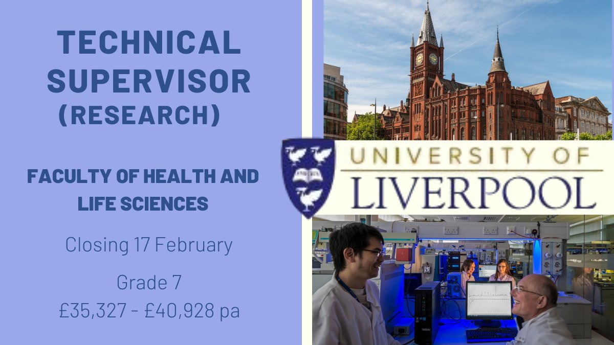 livunijobs's tweet photo. TECHNICAL SUPERVISOR (RESEARCH) We have an amazing opportunity to join our @livuniHLS department. Apply now: https://t.co/w5lmZ0drh7 #job #technicalsupervisor #research @LivUniISMIB @LivResearcher @LivUniTechNet https://t.co/8VhuLp8P6w