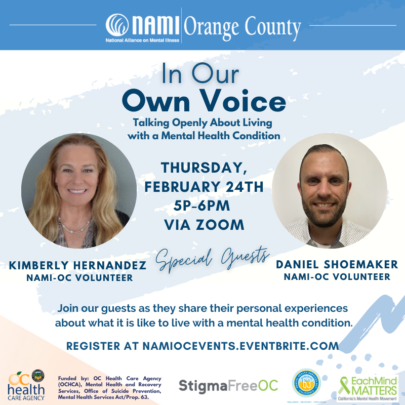 NAMIOC's tweet photo. Listen to our very own NAMI-OC volunteers share their experiences about what it is like to live with a mental health condition.๐
โFebruary 24th from 5pm-6pm
โRegister on our Eventbrite through the link in our bio!
#IOOV #nami #namioc #MHmatters #notalone #endthestigma https://t.co/J4ZdrQlAu2