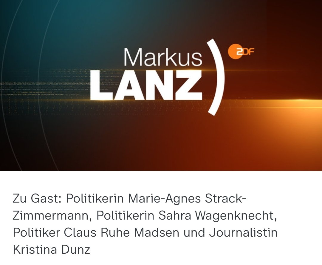 📺Heute Abend sind diese Gäste um 23:15 Uhr bei Markus #lanz 

<a href="/MAStrackZi/">Marie-Agnes Strack-Zimmermann</a> , <a href="/SWagenknecht/">Sahra Wagenknecht</a> , <a href="/WaltrautDunz/">Kristina Dunz</a> und <a href="/ClausRuhe/">Claus Ruhe Madsen</a>