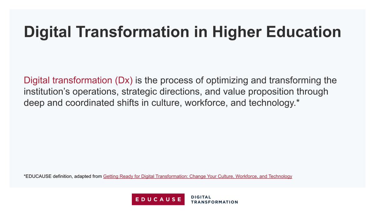 Our definition of #DigitalTransformation ... hop on over to the EDUCAUSE #DxJourney | A Roadmap to learn more. #HigherEd dx.educause.edu