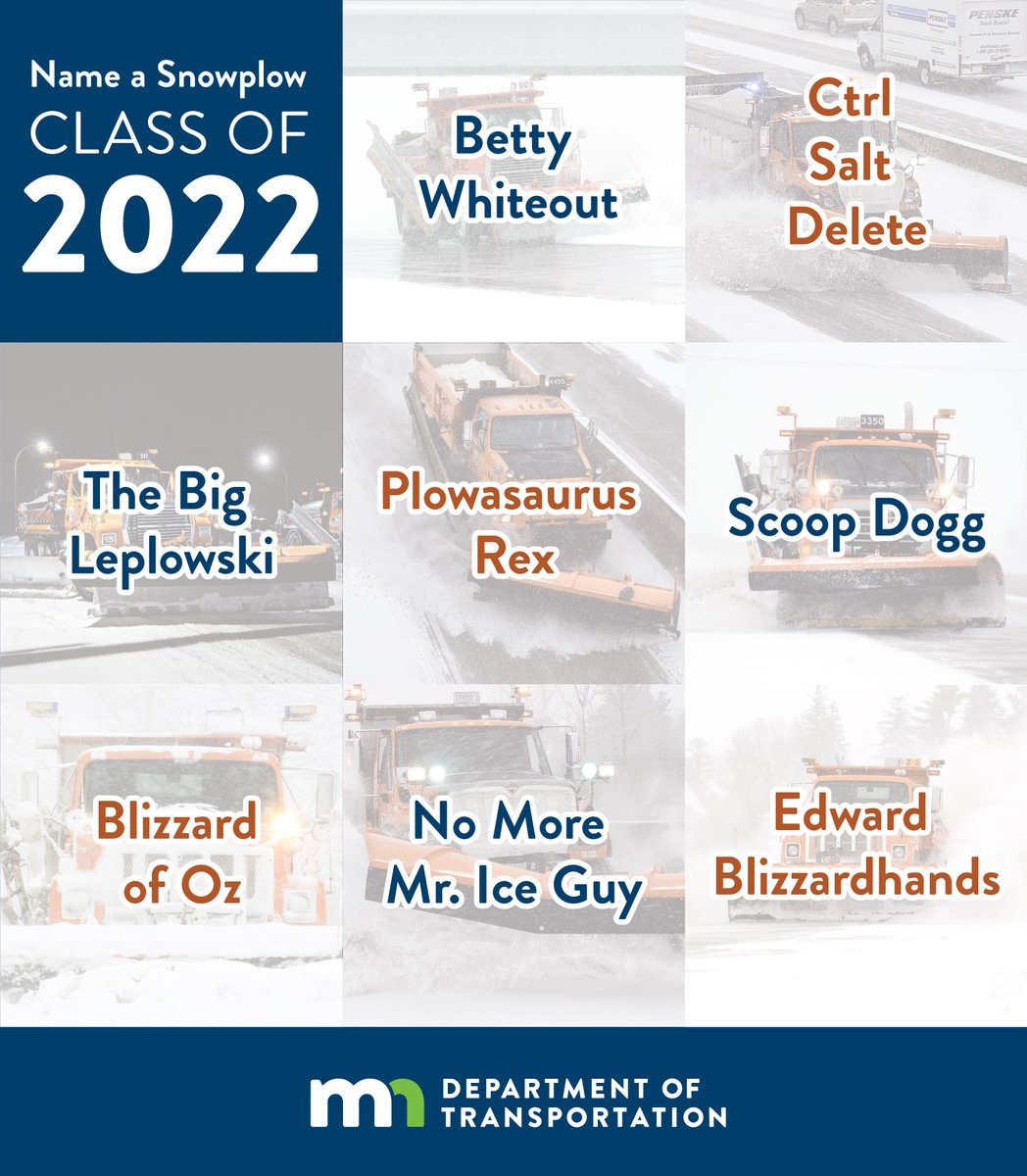 Drumroll, please… here are your new snowplow names, Minnesota! 

After nearly 60,000 votes cast, Plowy McPlowFace has eight new friends joining the fleet – one for each MnDOT district around the state. Learn more here:  mndot.gov/nameasnowplow