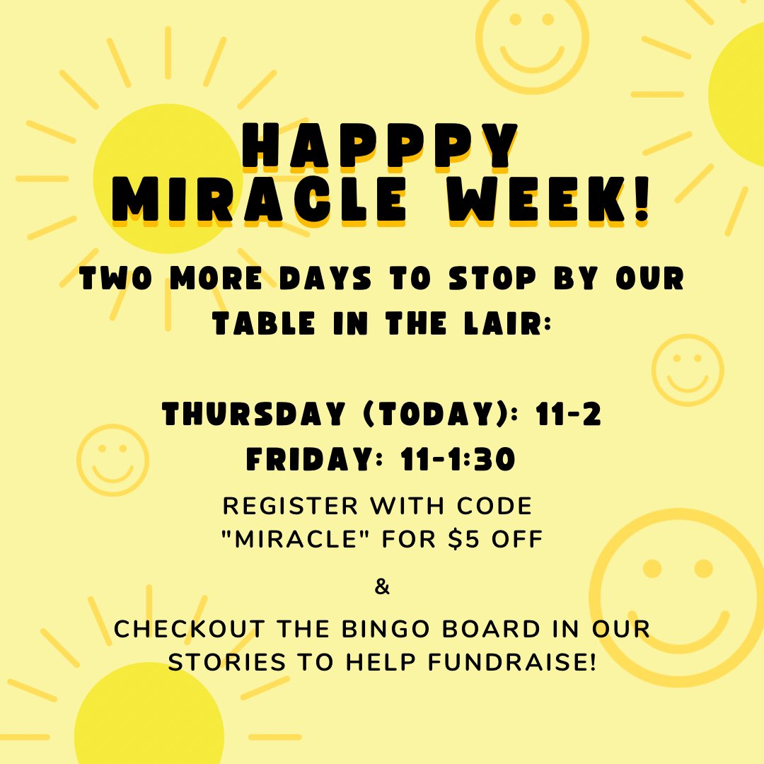 🌟ONLY TWO MORE DAYS OF MIRACLE WEEK!!🌟
Find our table in the Mountainlair TODAY from 11-2 &amp; TOMORROW from 11-1:30, and learn how you can join!
Use code “Miracle” for discounted registration in honor of Miracle Week. Hope to see you there!!✨
