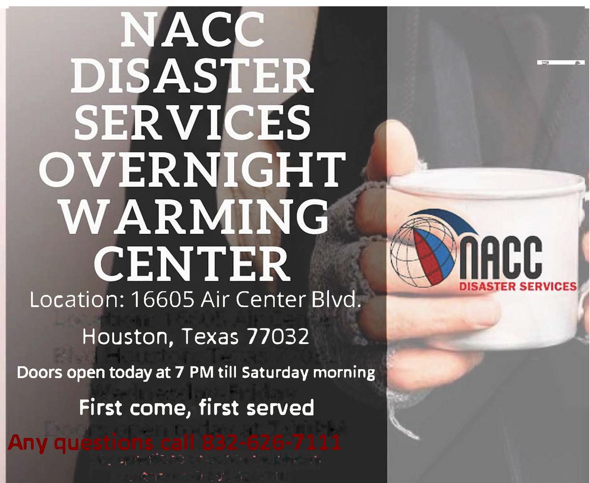 NACC Disaster Services is opening a warming center tonight at 7 p.m., first come, first served basis. See info below: