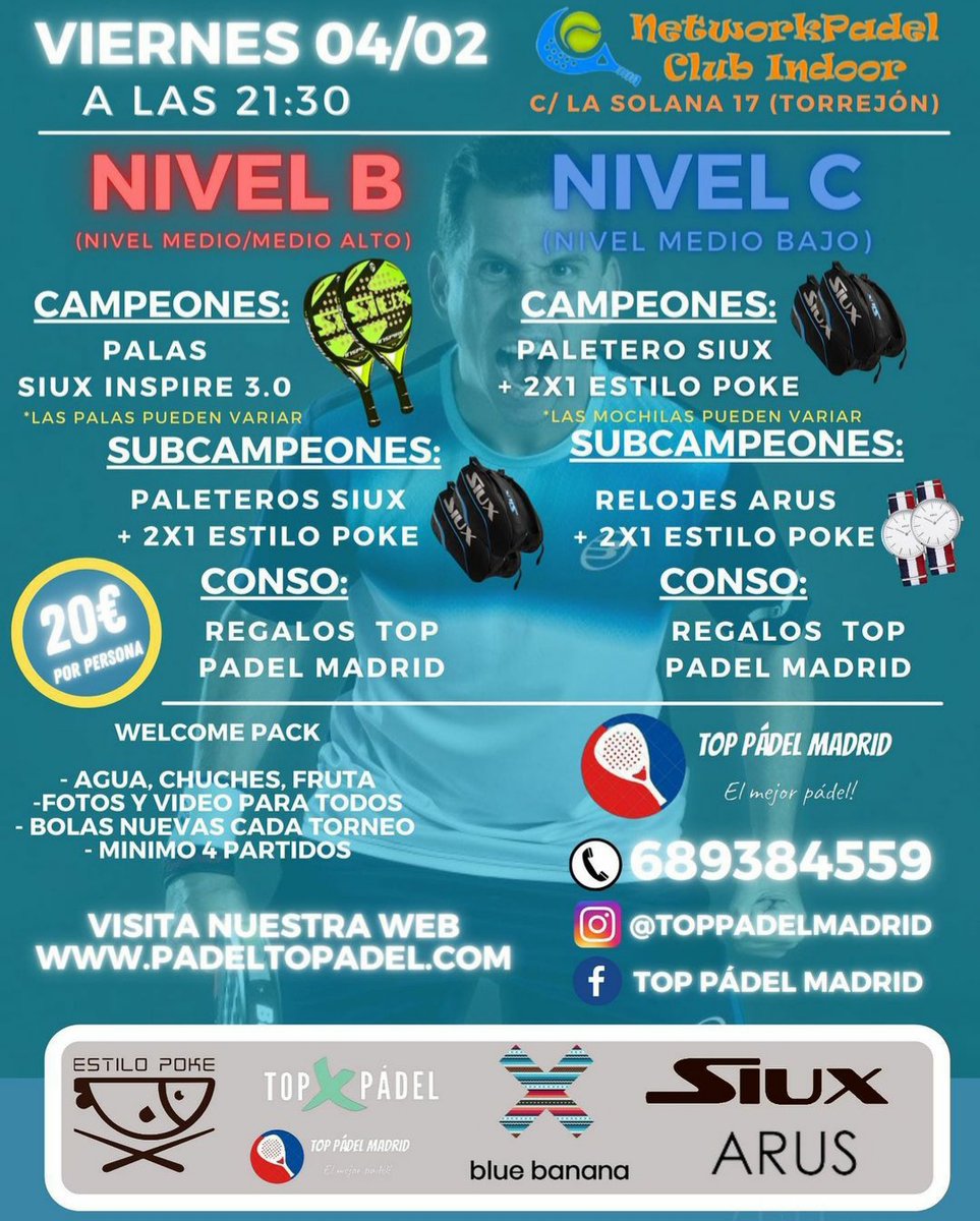TORNEO NOCTURNO Top Padel Madrid
‼️INSCRÍBETE‼️
Viernes 04 de Febrero 21:30
Nivel B y Nivel C
☎️ 689 38 45 59
TWITTER: <a href="/TopPadelMadrid1/">TopPadelMadrid</a>