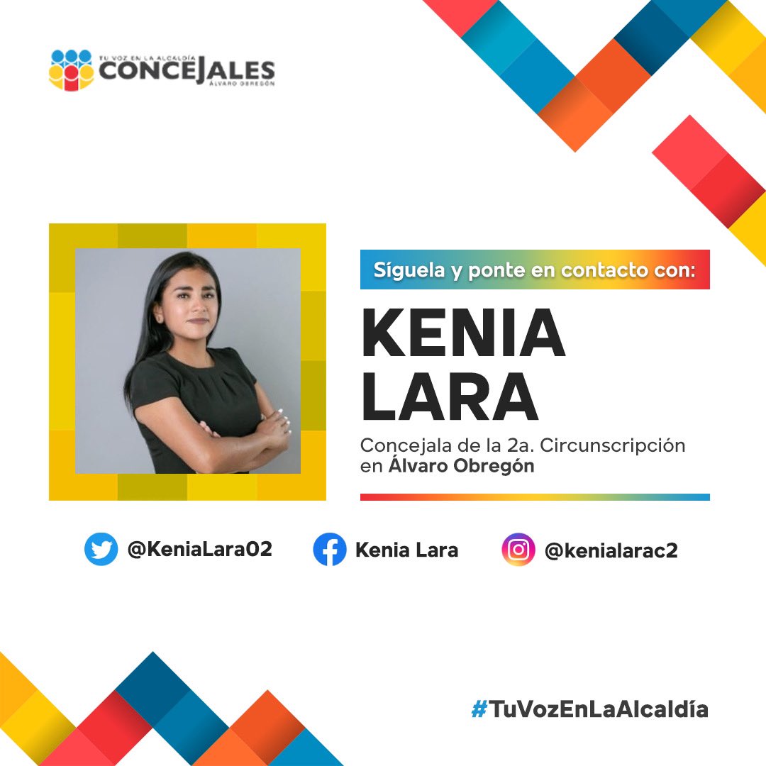 ¡Ponte en contacto con nosotros! Sigue a nuestra Concejala <a href="/KeniaLara02/">Kenia Lara</a> en sus redes sociales:

🔵 x.com/KeniaLara02
🟡 facebook.com/profile.php?id…
🔴 instagram.com/kenialarac2/

#TuVozEnLaAlcaldía