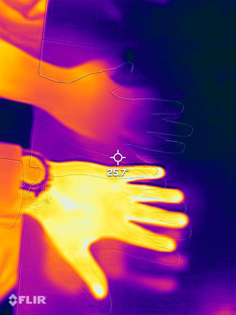 So today I was "working" on testing  thermal cameras for a project. I use working here very lightly as i think i enjoyed it a bit too much😂 also seeing how my "always cold" hands are  .hand photo of my hand which you can barely see and my colleagues hand bright yellow