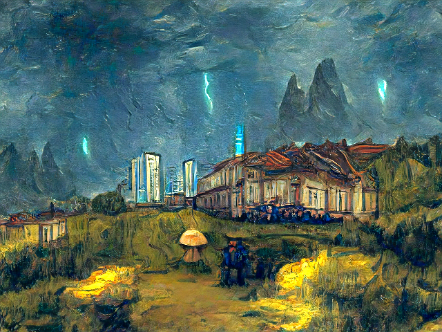 skyscrapers in the city at night and lightning in the sky landscape in the style of vincent van gogh
