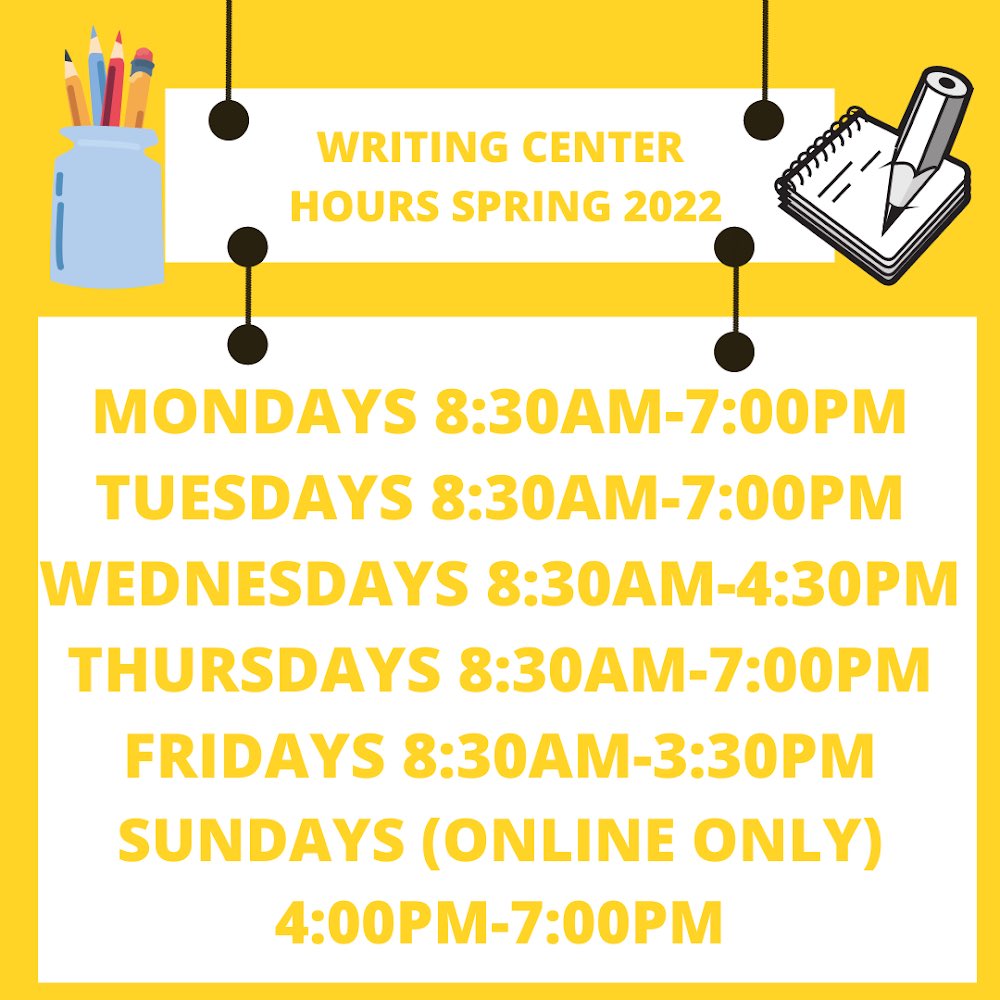 srwritingcenter's tweet photo. Welcome back Saint Rose!! Now that the Spring Semester is off to a great start, if you find yourself with a difficult essay or want a second opinion, make an appointment with The Writing Center!! We are open 6 days a week, with in-person and online availability. Happy writing!! https://t.co/Fg5pYKxxBz