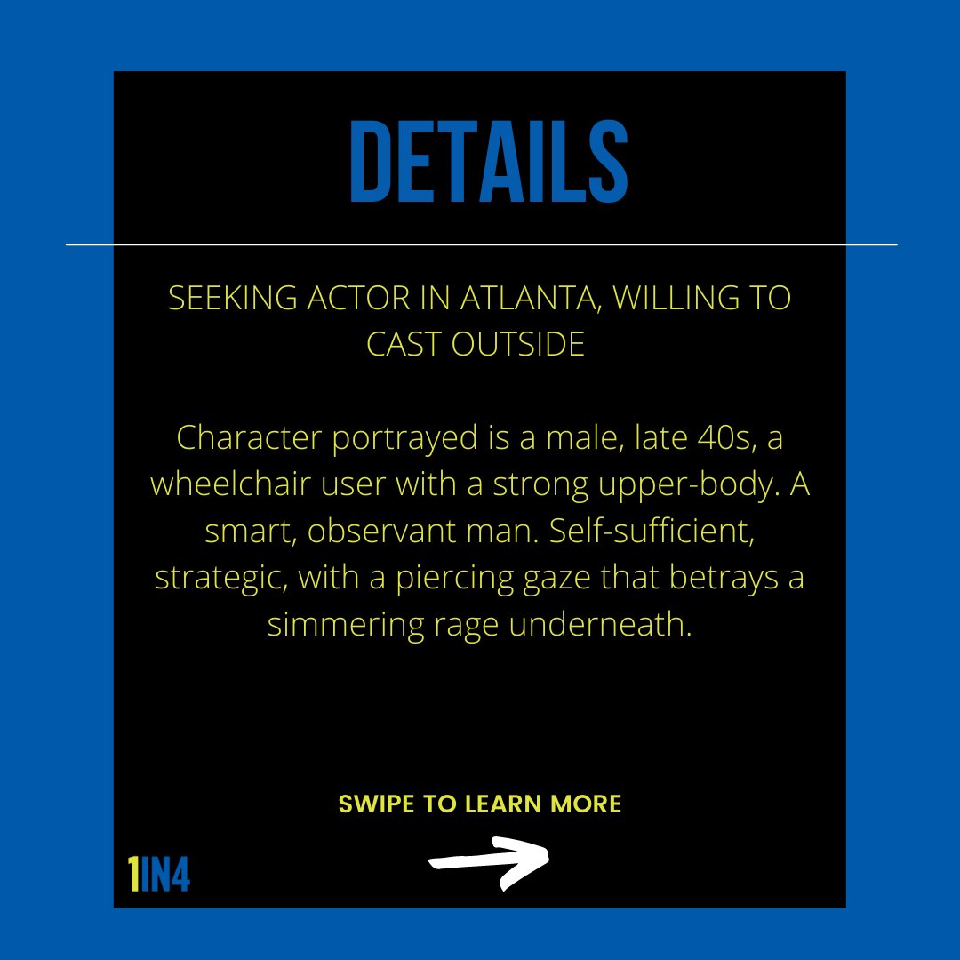 1in4coalition's tweet photo. WANTED: Male Actor who uses wheelchair! DEADLINE IS TOMORROW! Swipe for details!
#1IN4Casting #AuthenticCasting #1IN4Wanted https://t.co/yAY6i5vrdK