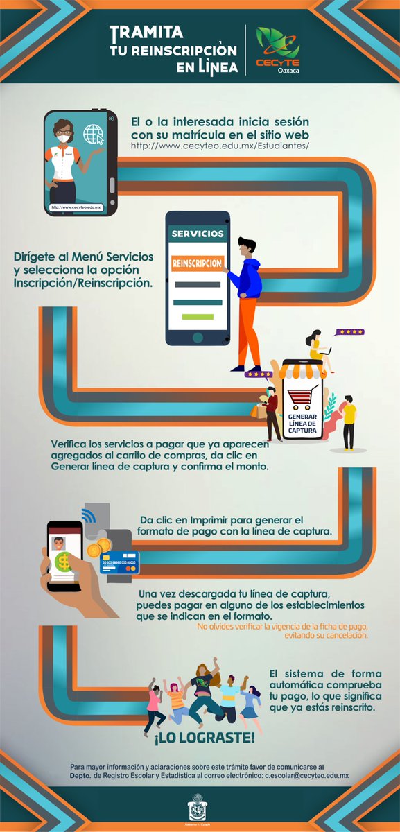 CECyTEOaxaca's tweet photo. Para tí, que vas a cursar el 2⃣°,4⃣° o 6⃣° semestre en #CECyTEO, te invitamos a seguir estos pasos para lograr tu #Reinscripción 💯% en línea. Para mayor información, puedes escribir al correo: c.escolar@cecyteo.edu.mx. ¡Puedes hacer tu trámite a partir del 5 de febrero!😉 https://t.co/BRexTOEVbu