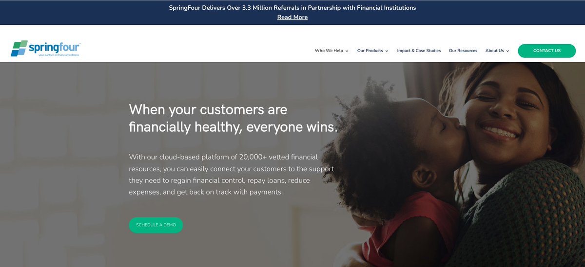 Finovate's tweet image. Social impact fintech @SpringFour_ announces delivery of more than 3.3 million financial health referrals in partnership with FIs including Caital One and M&T Bank. spr.ly/6013KMXS7